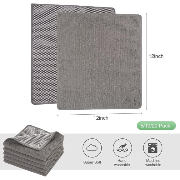UYWGF-Absorbent Microfiber Dish Cloths for Washing Dishes Best Kitchen Washcloth Cleaning Cloths with Poly Scour Side 12Inchx12 Inch 5 Pack, Grey
