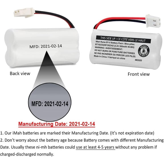 UYWGF-BT162342/BT262342 2.4V 300mAh Ni-MH Cordless Phone Battery Pack, Also Compatible with BT183342/BT283342 AT&T EL52351 TL90070 VTech CS5119 DS6511 DS6722 LS6305 Handset, 2-Pack
