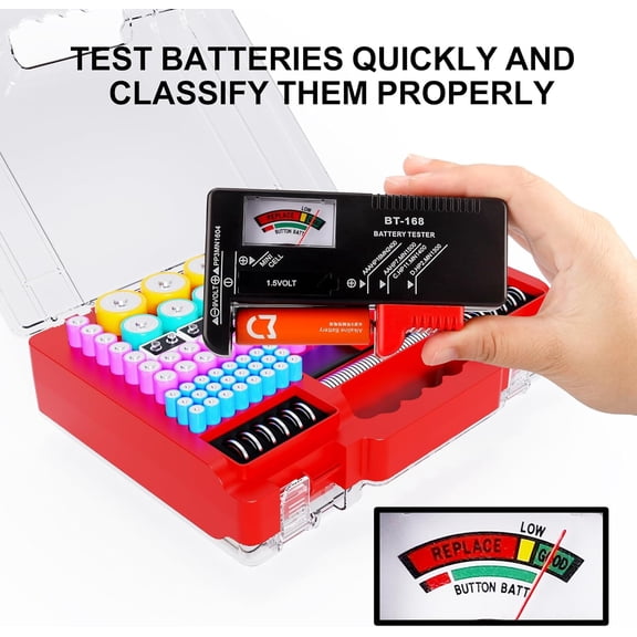 UYWGF-Battery Organizer Storage Case with Tester, Ultra-Large 265+ Double-Sided Batteries Container with Handle, Holds AA AAA 4A 23A C D Cell 3V 9V Lithium CR3 4LR44 CR123A 18650 (Red)