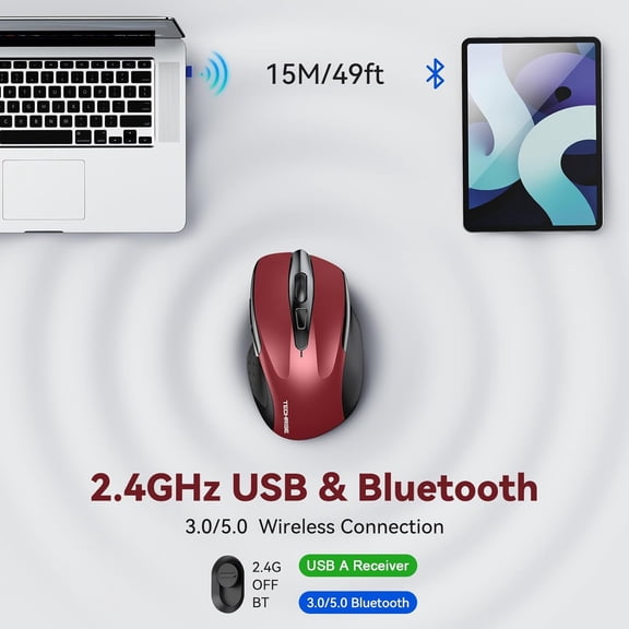 UYWGF-Bluetooth Mouse (BT5.0/3.0 & 2.4G) Rechargeable Wireless Mouse, 4800 DPI Optical Tracking, 6 Adjustable DPI, 2.4GHz with USB A Receiver, Quiet Clicks, Ergonomic Grips, 6 Buttons - Red
