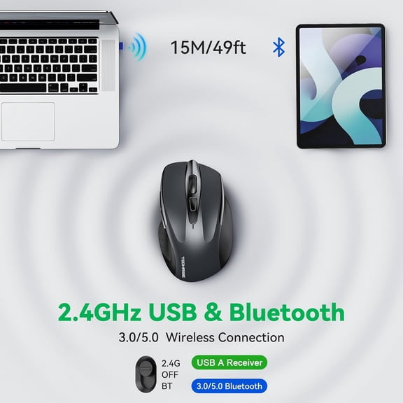 UYWGF-Bluetooth Mouse (BT5.0/3.0 & 2.4G) Rechargeable Wireless Mouse, 4800 DPI Optical Tracking, 6 Adjustable DPI, 2.4GHz with USB A Receiver, Quiet Clicks, Ergonomic Grips, 6 Buttons - Grey