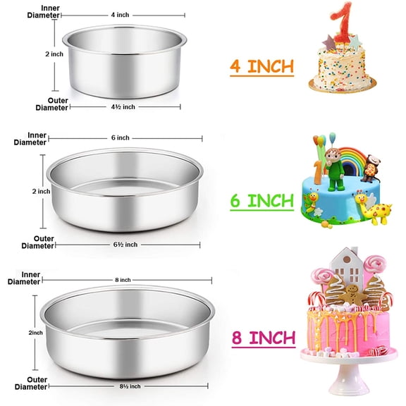 UYWGF-Cake Pan Set of 3 (4 inch/6 inch/8 inch), Stainless Steel Small Round Layer Cake Baking Pans, Perfect for Tier Smash Cake, Non-Toxic & Healthy, Mirror Finish & Dishwasher Safe