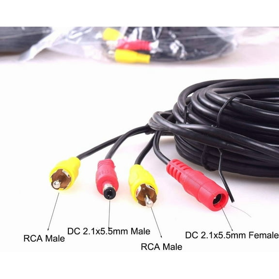 UYWGF-Car RCA DC Video Extension Cable, Truck Bus Camper Van Long Distance Reverse Parking Camera (15 Meters/50 Feet) - 2 in 1 AV & DC Power Cable
