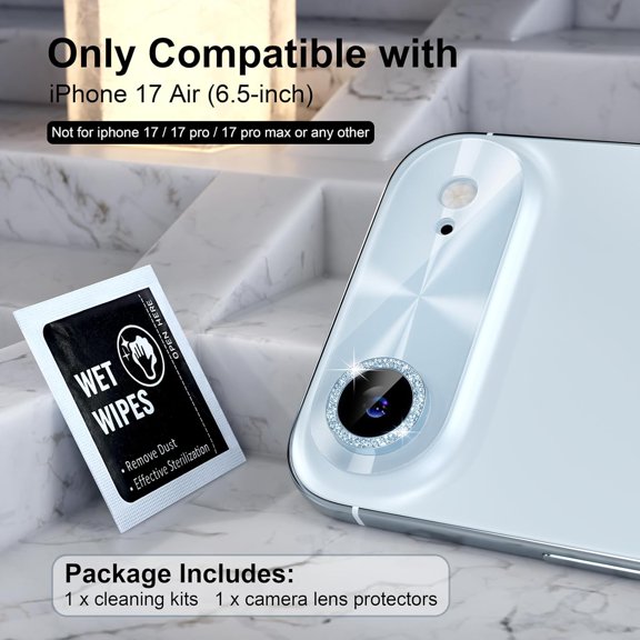 UYWGF-Compatible for iPhone 17 Air Camera Lens Protector, Bling Camera Cover with 9H Tempered Glass Lens Screen Protector Metal Ring Decoration Accessories 6.5-inch (Light-Sky blue)