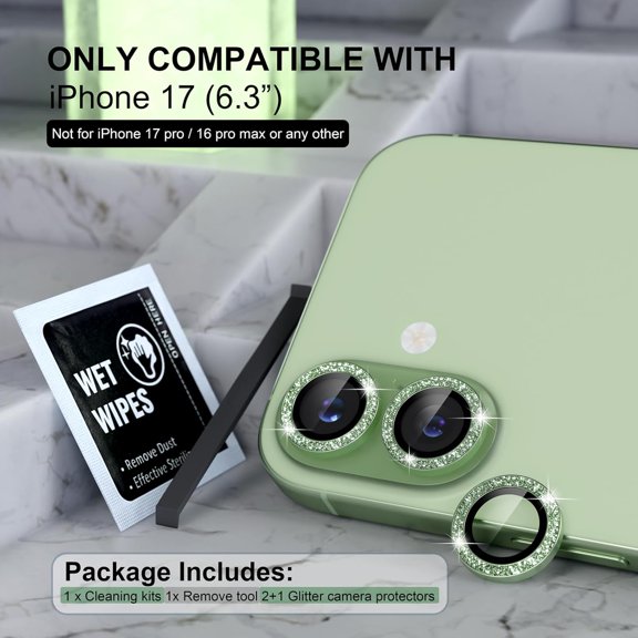 UYWGF-Compatible for iPhone 17 Camera Lens Protector Bling, 9H Tempered Glass Camera Cover Screen Protector Metal Ring Decoration Accessories, 2-Lens, 6.3-inch (Glitter-Green)