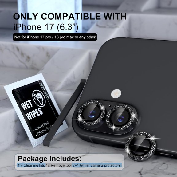UYWGF-Compatible for iPhone 17 Camera Lens Protector Bling, 9H Tempered Glass Camera Cover Screen Protector Metal Ring Decoration Accessories, 2-Lens, 6.3-inch (Glitter-Black)