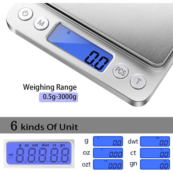 UYWGF-Digital Kitchen Scale 3000g/ 0.1g, Pocket Food Scale 6 Measure Modes, LCD, Tare, Digital Scale Grams and Ounces with 2 Trays for Food, Cooking, Nutrition, Reptiles(Battery Included)