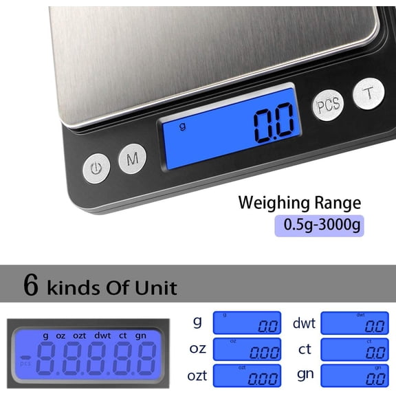 UYWGF-Digital Kitchen Scale 3000g/ 0.1g, Pocket Food Scale 6 Units Conversion, Gram Scale with 2 Trays, LCD, Tare Function, Reptile Scale, Herb Scale(Battery Included)
