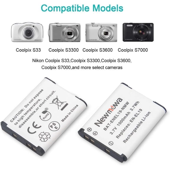 UYWGF-EN-EL19 Battery(2-Pack) and USB Charger Kit for Nikon Coolpix S32, S33,S100, S2800, S3100, S3200, S3300, S3500, S3600, S3700, S4100, S4200, S4300, S5200, S5300, S6500, S6800, S7000