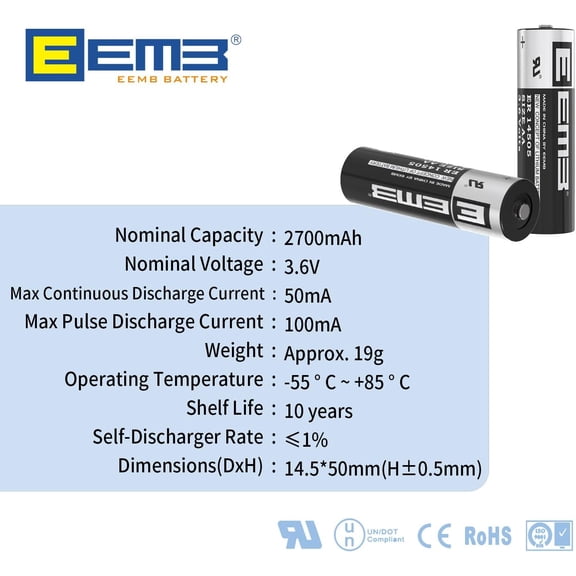 UYWGF-ER14505 Nonrechargeable 3.6V Lithium Battery Li-SOCL AA Size 2700mAh High Capacity UL Certified Single-Use 3.6V Lithium Thionyl Chloride Battery DO NOT Charge