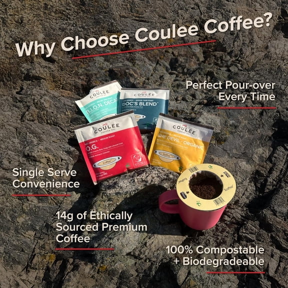 UYWGF-EcoPour Doc's Blend Coffee, All Paper Single Serve Pour Over Arabic Coffee, Dark Roast, Use for Camping or Traveling, Pre Filled Compostable, All Paper Filters, Ready to Brew with Hot Water, Pl