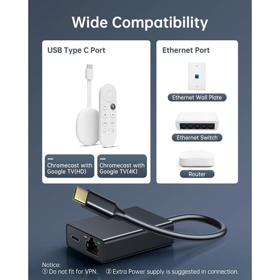 UYWGF-Ethernet Adapter for Chromecast with Google TV, USB Type C to RJ45 Ethernet Network Adapter Compatible with Chromecast HD/4K and More Streaming TV Sticks(Adhesive Tape Included)