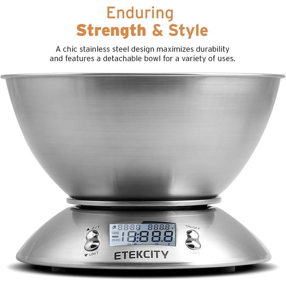 UYWGF-Food Kitchen Scale with Bowl, Digital Weight Scale for Food Ounces and Grams, Cooking and Baking, Timer, and Temperature Sensor, 2.06 QT, Stainless Steel