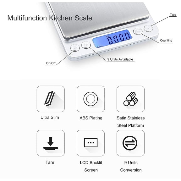 UYWGF-Food Scale Digital Weight 3000g/0.1g Oz Grams and Ounces Kitchen Scale for Cooking Baking with Backlight LCD Display, Tare, 9 Units, Auto Off, 2 Trays, Batteries Included - Stainless Steel