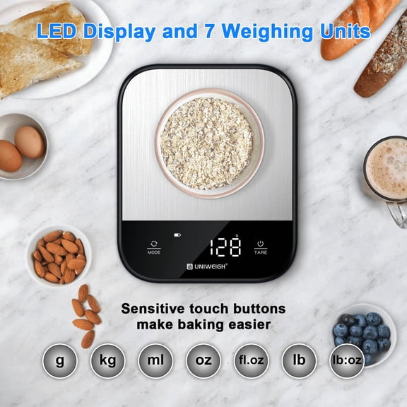 UYWGF-Food Scales for Kitchen,Digital Scale Grams and Ounces for Food Weight,Baking,Cooking,Meal Prep,Small Kitchen Scales with 7 Weighing Units/LED Display/Tare Function,Stainless Steel,Black