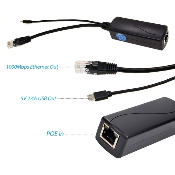UYWGF-Gigabit Micro USB PoE Splitter 5V 2.4A, IEEE 802.3af Standard 10/100/1000Mbps for Raspberry Pi 4, Google WiFi, Tablets, Dropcam Power Over Ethernet USB Splitter Adapter (USB0502G Black)