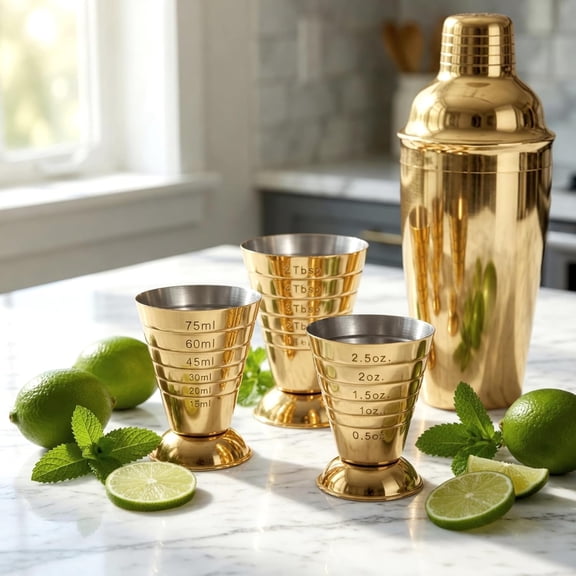 UYWGF-Gold Multi Unit Measuring Cup, Stainless Steel Bar Jigger with ml/oz/Tbsp Markings, 2.5 oz, 75 ml, 5 Tbsp, Cocktail Jigger & Kitchen Measuring Cup with Recipe Guide