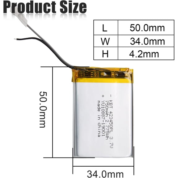 UYWGF-KBT 3.7V 750mAh Li-Polymer Battery: 423450 Lipo Rechargeable Lithium-ion Replacement Batteries