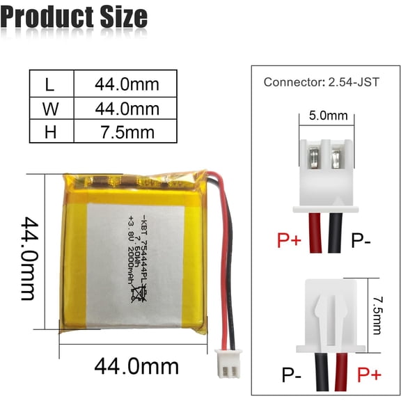 UYWGF-KBT 3.8V 2000mAh Li-Polymer Battery: 754444 Lipo Rechargeable Lithium-ion Replacement Batteries with JST Connector for Ar duino NodeMCU ESP32 Development Board Raspberry Pi UPS Board