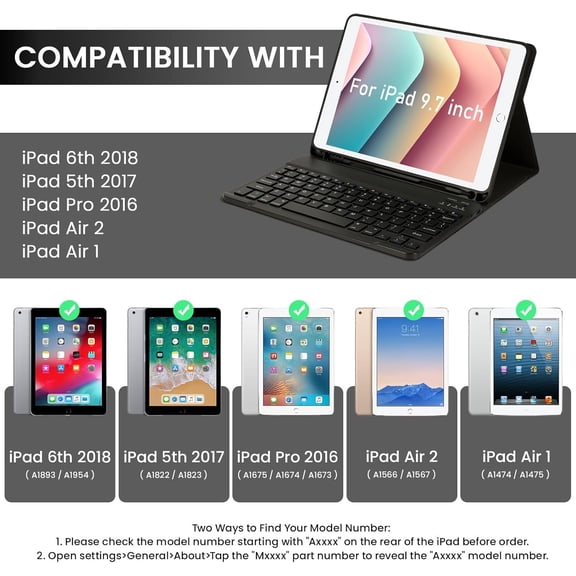 UYWGF-Keyboard Case for iPad 9.7 inch 2018 (6th Gen)/ 2017 (5th Gen)/2016 iPad Pro/Air 2/1, Thin - Detachable - Wireless Keyboard Cover with Pencil Holder for iPad 9.7 inch, Auto Sleep/Wake, Black