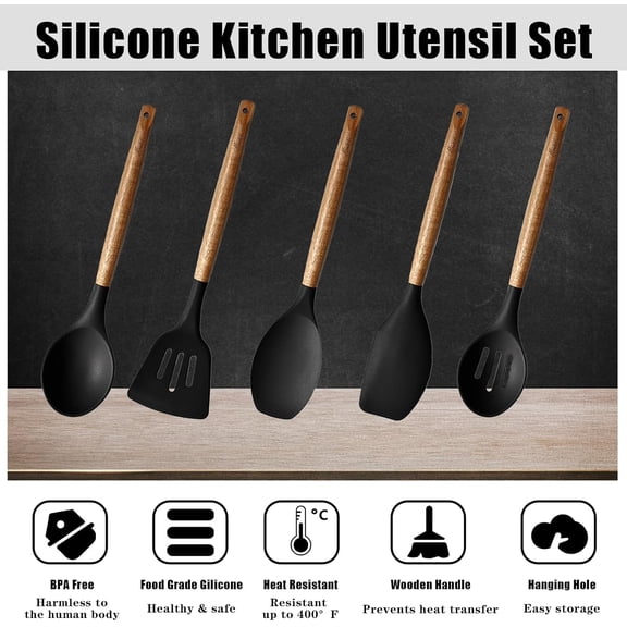 UYWGF-Kitchen Utensils Set, Silicone Cooking Utensils Set,Non-Stick Silicone Spatula Set with Natural Acacia Hard Wood Handle, 5 Piece, Upgraded Thickened Cookware