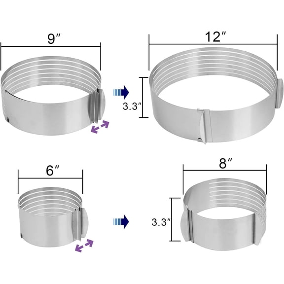 UYWGF-Layer Cake Slicer Set of 2, Stainless Steel Adjustable 7 Layered Bread Cutter Ring with Respective Diameter of 6-8 Inch and 9-12 Inch, Cake Ring Molds for Baking, Cutting and Slicing Cakes