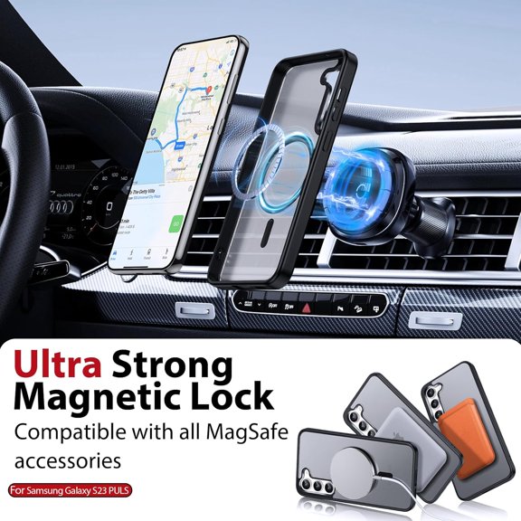 UYWGF-Magnetic for Samsung Galaxy S23 Plus Case with Tempered Glass Screen Protector,Compatible with MagSafe,with Strap,Matte Translucent Cover & Military Grade Shockproof for S 23+ Plus,Black