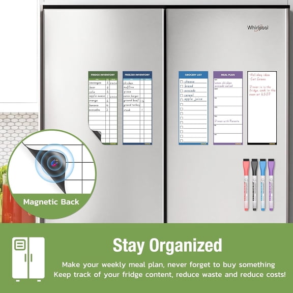 UYWGF-Magnetic White Board for Fridge - Dry Erase Meal Planner for Refrigerator - Weekly Menu Board, Grocery List, Memo Pad, Fridge and Freezer Inventory List - Kitchen Whiteboard with 4 Markers - 4"
