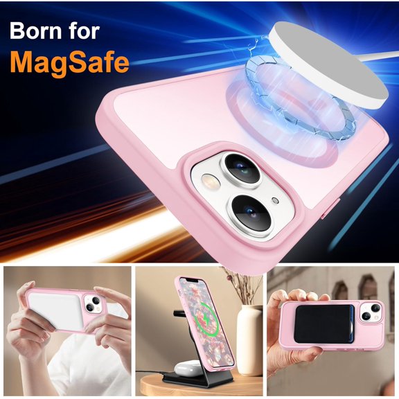 UYWGF-Magnetic for iPhone 14 Case, [Compatible with MagSafe] [2 Pcs Screen Protectors] [15 FT Drop Protection] Frosted Translucent Back Shockproof Protective Cover - Light Pink
