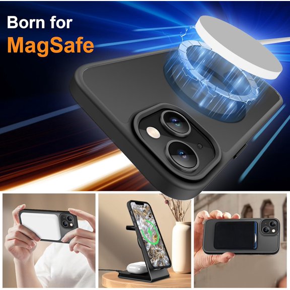 UYWGF-Magnetic for iPhone 14 Case, [Compatible with MagSafe] [2 Pcs Screen Protectors][15 FT Drop Protection] Frosted Translucent Back Shockproof Protective Phone Cover - Black