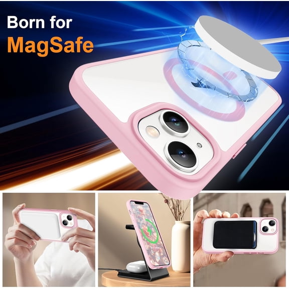 UYWGF-Magnetic for iPhone 14 Case, [Compatible with MagSafe] [2 Pcs Screen Protectors] [15 FT Drop Protection] Transparent Back Shockproof Bumper Protective Phone Cover - Light Pink