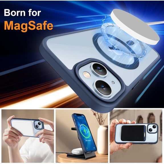 UYWGF-Magnetic for iPhone 14 Case, [Compatible with MagSafe] [2 Pcs Screen Protectors] [15 FT Drop Protection] Transparent Back Shockproof Bumper Protective Phone Cover - Navy Blue