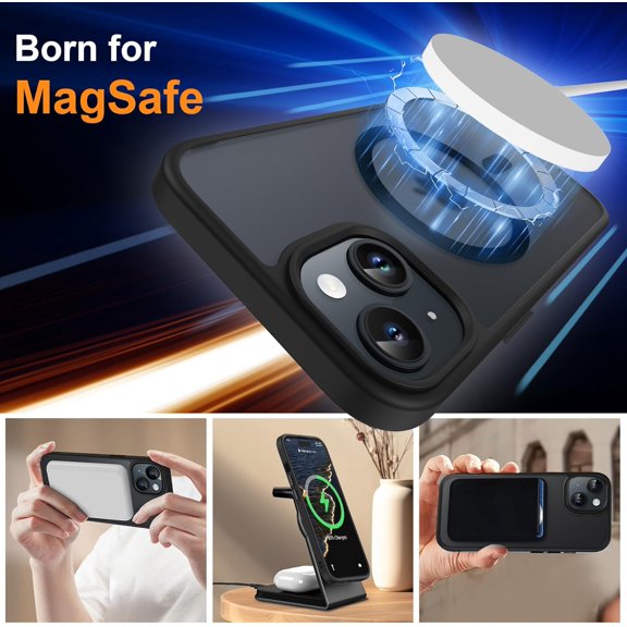 UYWGF-Magnetic for iPhone 15 Case, [Compatible with MagSafe][2 Pcs Screen Protectors][15 FT Drop Protection] Frosted Translucent Back, Shockproof, Anti-Scratch - Black