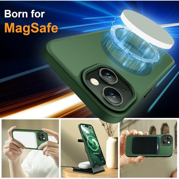 UYWGF-Magnetic for iPhone 15 Case, [Compatible with MagSafe] [2 Pcs Screen Protectors] [15 FT Drop Protection] Frosted Translucent Back, Shockproof, Anti-Scratch - Green
