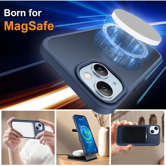 UYWGF-Magnetic for iPhone 15 Case, [Compatible with MagSafe] [2 Pcs Screen Protectors] [15 FT Drop Protection] Frosted Translucent Back, Shockproof, Anti-Scratch - Navy Blue