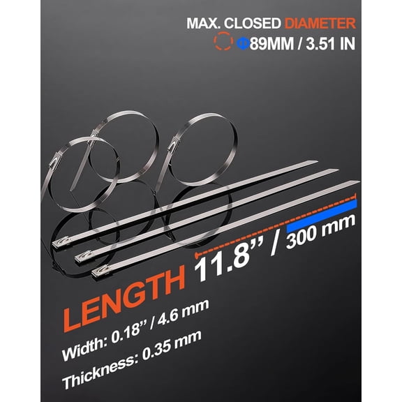 UYWGF-Metal Zip Ties (100PCS 11.8 Inch), 304 Stainless Steel, Heavy Duty Self-locking Cable Ties, for Exhaust Wrap, Chain Link Fence Parts, Heat Resistant Fencing Tie. for Pipe, Auto repair.