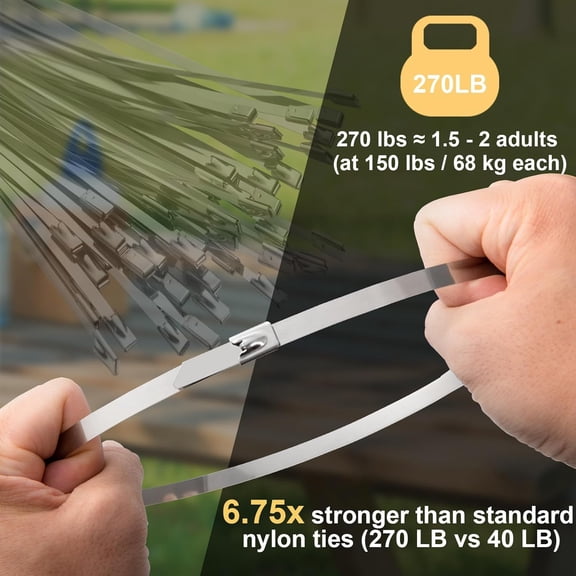UYWGF-Metal Zip Ties 15.8in 100 PCS 304 Stainless Steel Zip Ties Heavy Duty, 270LBS Tensile Strength, Wire Multifunctional Locking Exhaust Wrap Flexible Durable