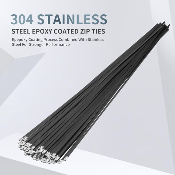 UYWGF-Metal Zip Ties Black 18 inch 290LB 50pcs Heavy Duty 304 Stainless Steel Epoxy Coated Locking Cable Exhaust Wrap Multi Purpose Binding for Machinery, Vehicles, Farms, Cables, Pipes,Fence