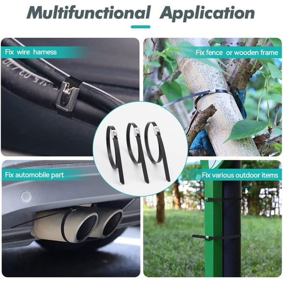 UYWGF-Metal Zip Ties Black 8 inch 304 Stainless Steel Epoxy Coated Locking Cable 220LB 200mm 100pcs Heavy Duty Exhaust Wrap Multi Purpose Binding for machinery, vehicles, farms, cables, pipes,Fence