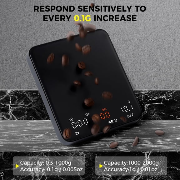 UYWGF-Mini Espresso Coffee Scale with Timer & Flow Rate, 2kg/0.1g Precision Digital Coffee Scale, Portable Espresso Scale Rechargeable via USB-C, Triple Brew Modes, LED Display, Mute Mode, g/oz/lb:oz