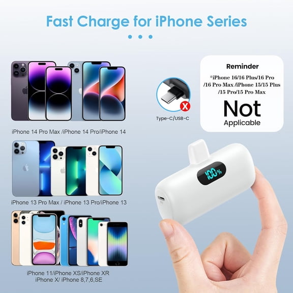 UYWGF-Mini Portable Charger for iPhone,Upgraded 5000mAh PD Fast Charging Battery Pack,LCD Display Cute Power Bank Portable Phone Charger for iPhone 14/14 Pro Max/13/13 Pro/12 Pro/11/XS/XR/X/8/7/6-Whi