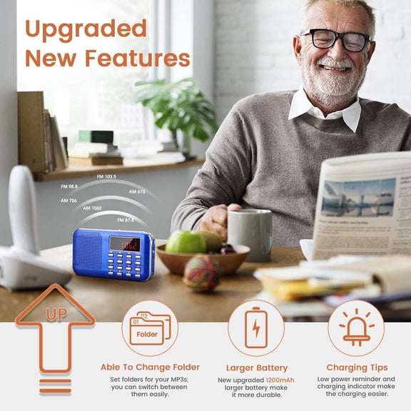 UYWGF-Mini Portable Radio AM FM Pocket Radio with MP3, LED Flashlight, Digital Radio Speaker Support Micro SD/TF Card/USB, Auto Scan Save, 1200mAh Rechargeable Battery Operated[Latest Version]