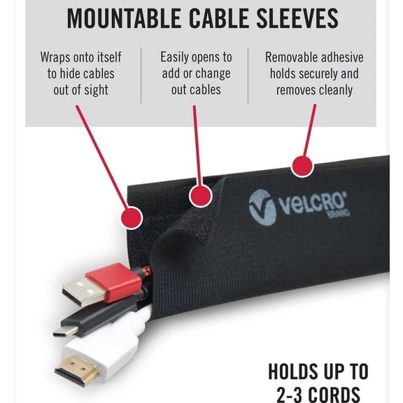 UYWGF-Mountable Cable Sleeve | Cord Management Mounts on Walls, Desk or Entertainment Center | Removable Adhesive is Damage Free | 8in Black, 2pk, 8in - 2Pk
