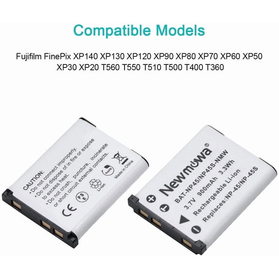 UYWGF-NP-45 NP-45S Replacment Battery (2 Pack) and Dual USB Charger Kit for Fujifilm INSTAX Mini 90 and FinePix XP50 XP60 XP70 XP80 XP90 XP120 XP130 XP140 T350 T360 T400 T500 T510 T550 JX500 JX520