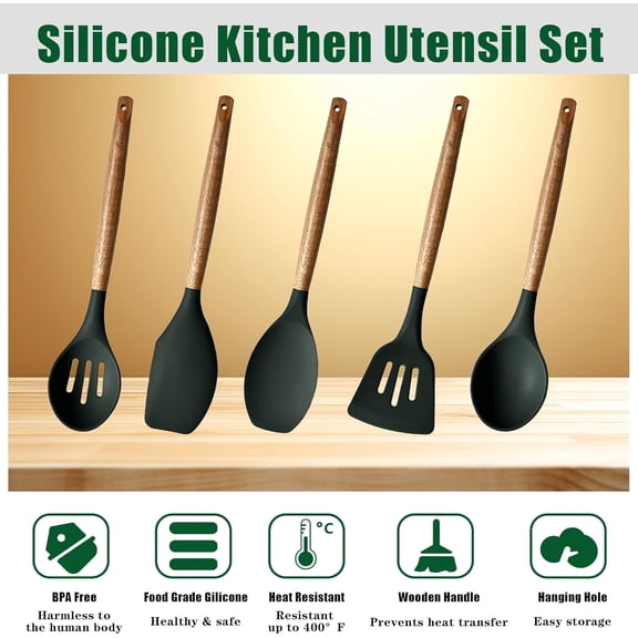 UYWGF-Non-Stick Silicone Cooking Utensils Set with Natural Acacia Hard Wood Handle, 5 Piece, High Heat Resistant (Green)