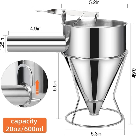 UYWGF-Pancake Batter Dispenser, Multi-Caliber Stainless Steel Funnel Cake Dispenser with Stand Waffle Batter Dispenser Pancake Maker Cooking Tools (0.6L)