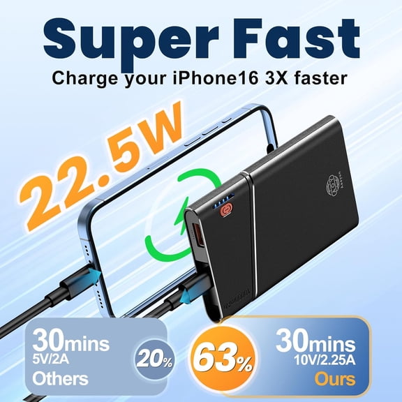 UYWGF-Portable Charger Power Bank, 10000mAh 22.5W PD Fast Charging Powerbank with Built-in USB C Cable, Slim External Phone Battery Pack for iPhone 17/16/15 Samsung S24 Android etc (Black)