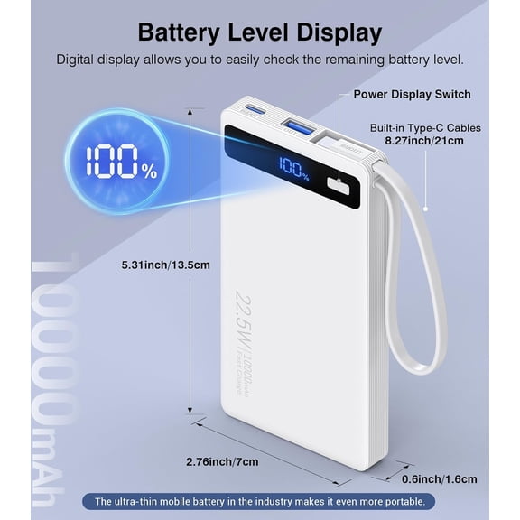 UYWGF-Power Bank with 2 Built-in Cables 10000mAh, 22.5W PD Slim Portable Charger USB C Battery Pack, Travel Essentials Fast Charging Powerbank Compatible with iPhone 17 16 Plus Pro Galaxy iPad White(