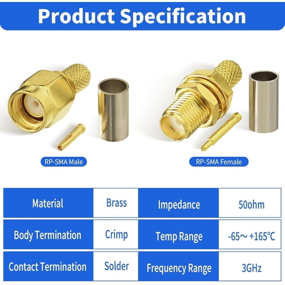 UYWGF-RPSMA Crimp Connectors Kit RP-SMA Male + RP-SMA Female Crimp Solder Connectors Kit RG58 RG303 RG141 RG142 RG400 LMR195 Low Loss Coax Cable 10-Pack