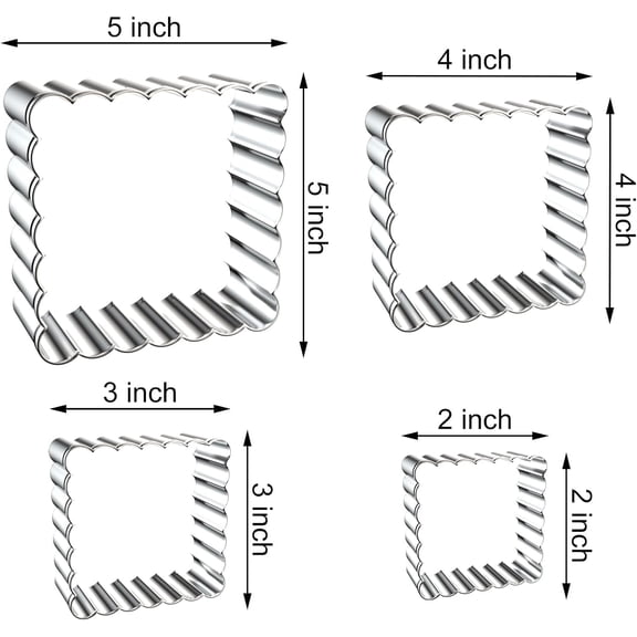 UYWGF-Scalloped Square Cookie Cutter Set - 5 Inch, 4 Inch, 3 Inch, 2 Inch - Fluted Edge Wavy Square Plaque Cookie Cutters Shapes Biscuit Molds - Stainless Steel